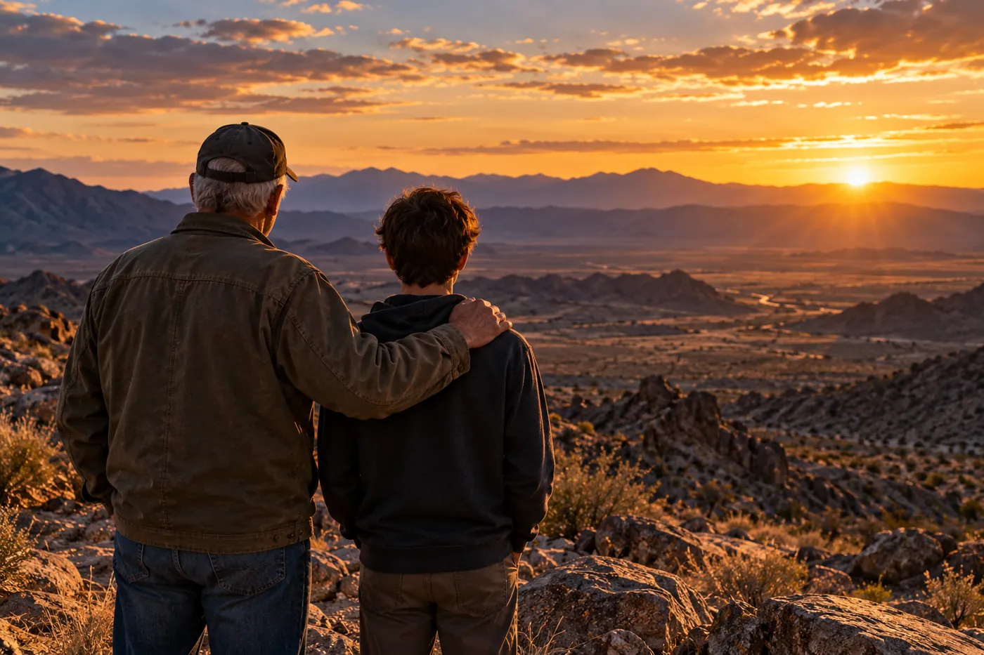 An older veteran with his hand on a young man's shoulder, looking out over a desert valley at sunset