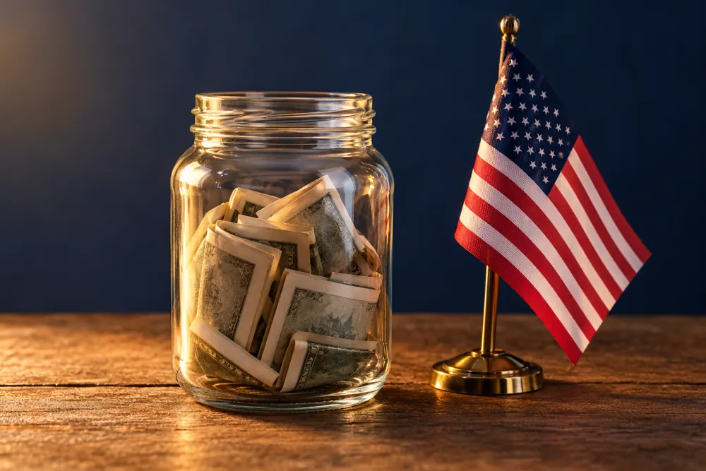 A donation jar with folded bills next to a small American flag