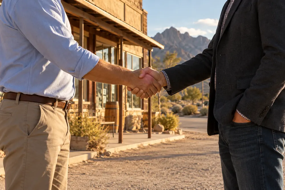Two business owners shaking hands outside a storefront