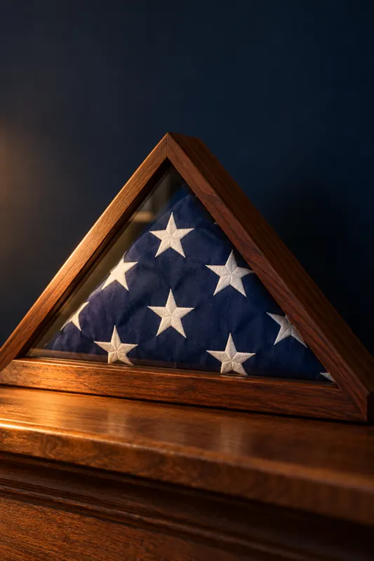 A folded American flag in a wooden display case
