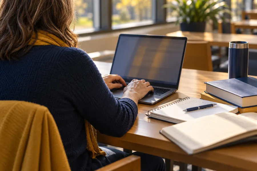 An adult student working on a laptop with notebooks