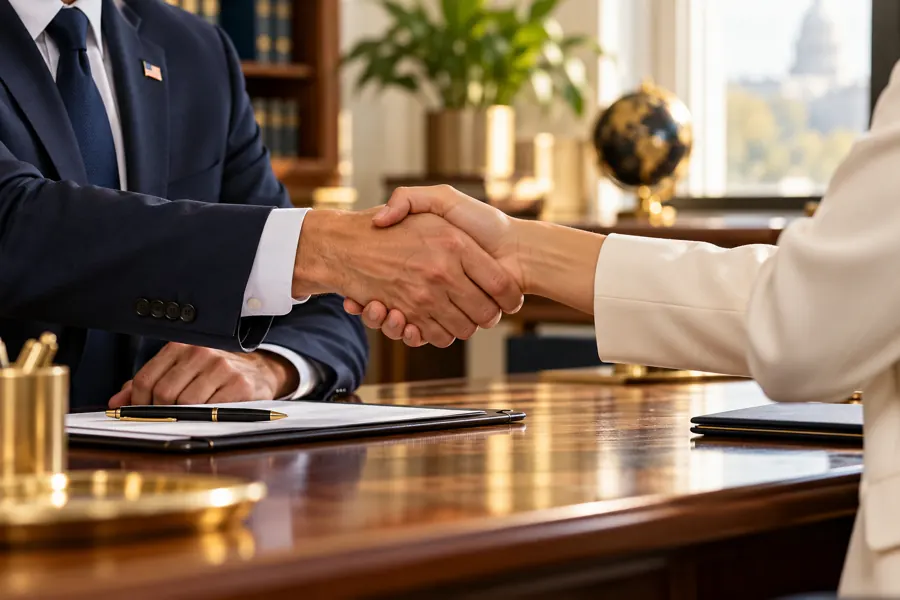 A handshake across a desk at a job interview