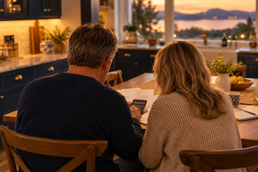 A couple going over bills at their kitchen table