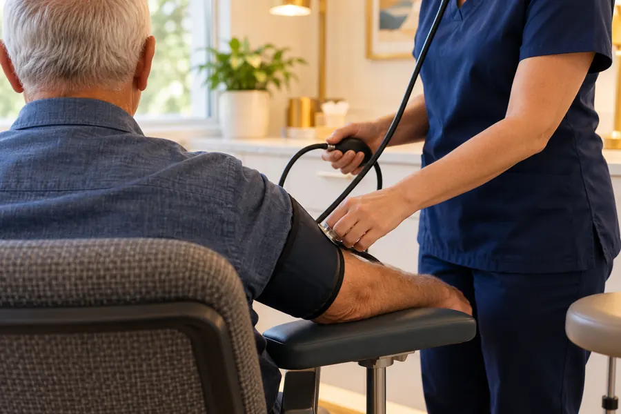 A nurse taking an older man's blood pressure