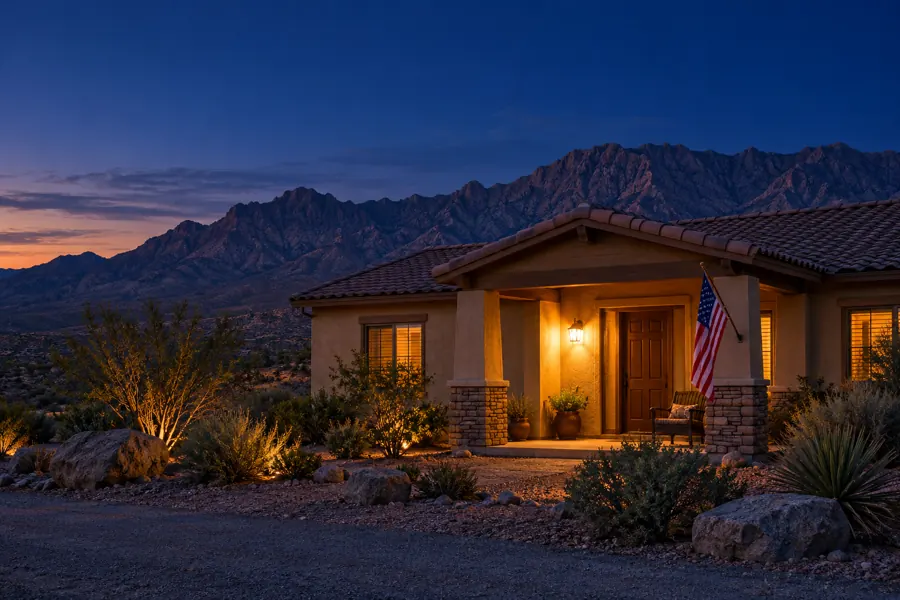 A desert home at dusk with a flag by the door