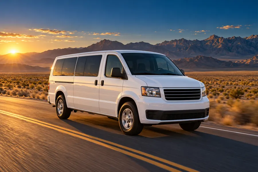 A white passenger van on a desert highway at sunset