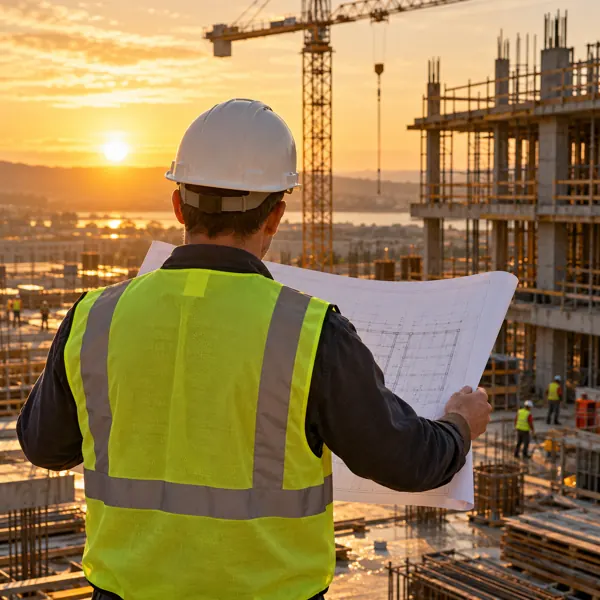 A construction foreman reading plans at a worksite