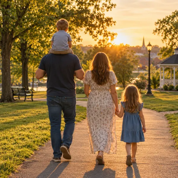 A family walking together in a park at sunset