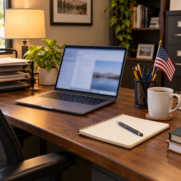 A caseworker desk with a laptop and a small flag