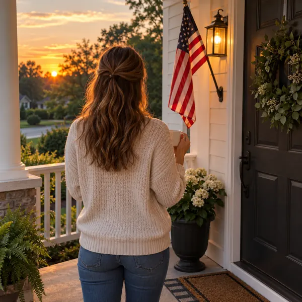 A woman on a front porch with a flag by the door