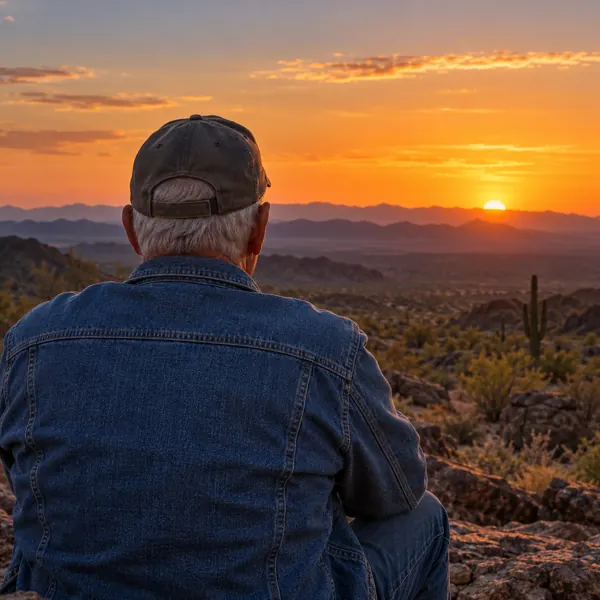 An older veteran in a denim jacket watching a desert sunset